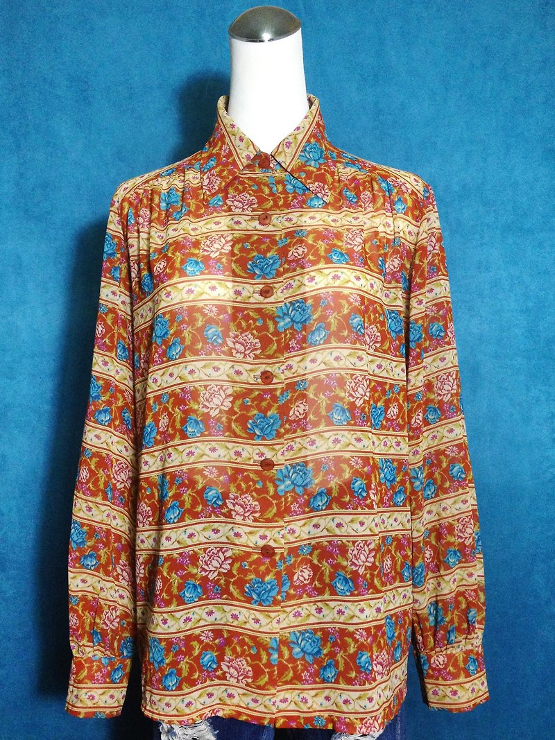 Ping-pong vintage [vintage shirt / long-sleeved chiffon flowers vintage shirt] abroad back VINTAGE - เสื้อเชิ้ตผู้หญิง - เส้นใยสังเคราะห์ สีส้ม
