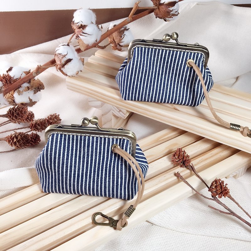 手工縫製 口金鑰匙零錢包-日本牛仔帆布 - 鑰匙圈/鑰匙包 - 棉．麻 藍色