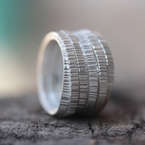 Stories of silver and silk Handmade wraparound silver ring with hammered front texture (R0032)