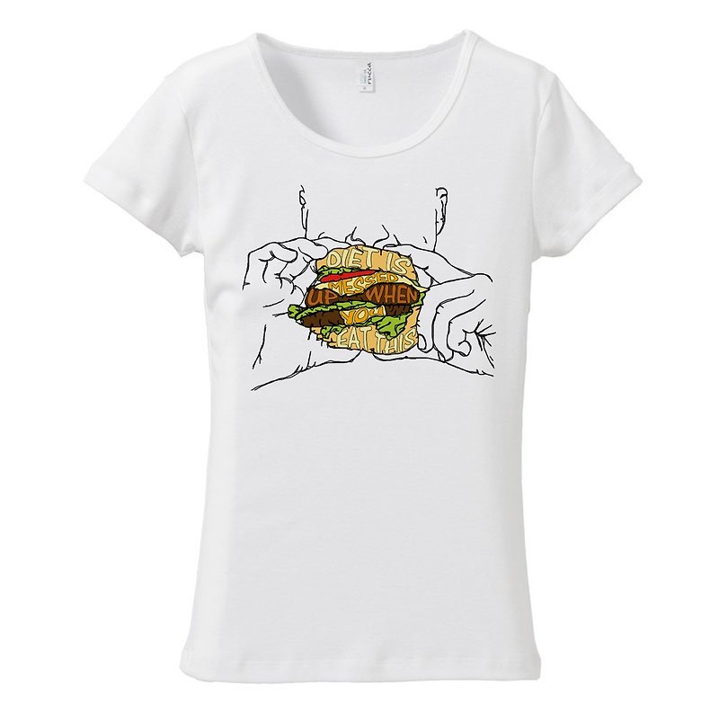 Women's T-shirt / Diet is messed up when you eat this - เสื้อยืดผู้หญิง - ผ้าฝ้าย/ผ้าลินิน ขาว