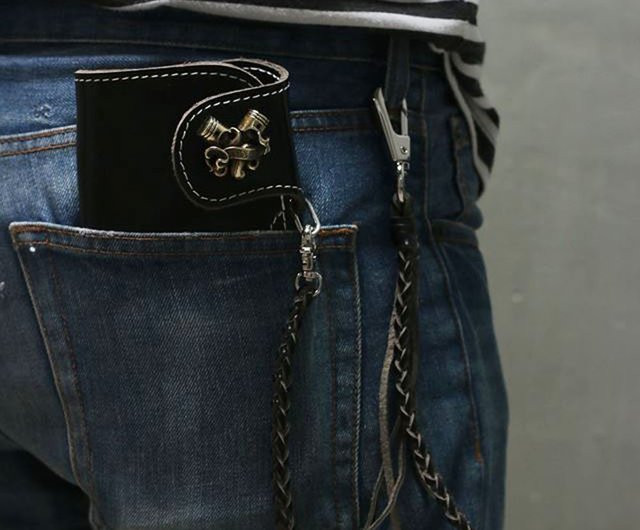 Biker long Wallet chain Genuine Leather skull scissors old school barb –  Jack's Club