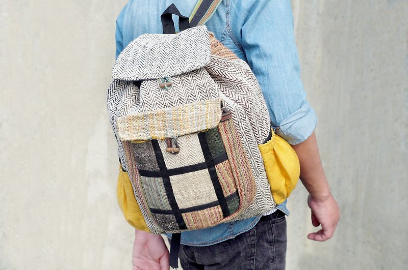 Ethnic stitching design backpack/shoulder bag/climbing bag/cotton linen bag-yellow desert travel patchwork bag - กระเป๋าเป้สะพายหลัง - วัสดุอื่นๆ สีเหลือง