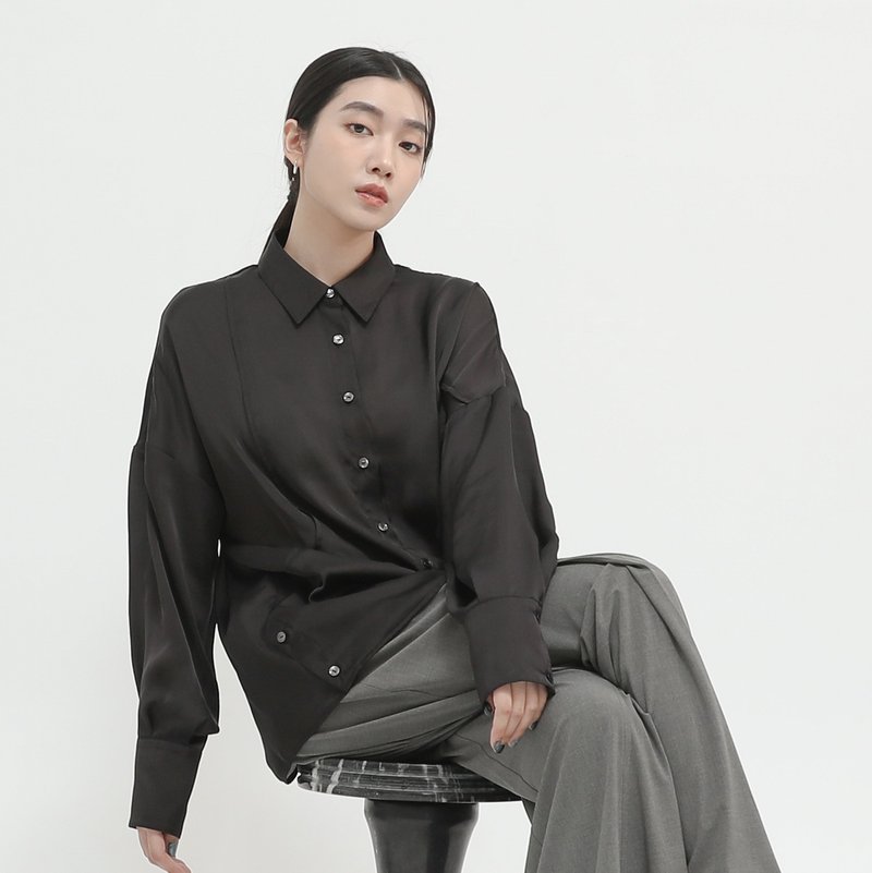Zhilan_芝蘭剪接襯衫_23AF010_黑 - 女上衣/長袖上衣 - 聚酯纖維 黑色