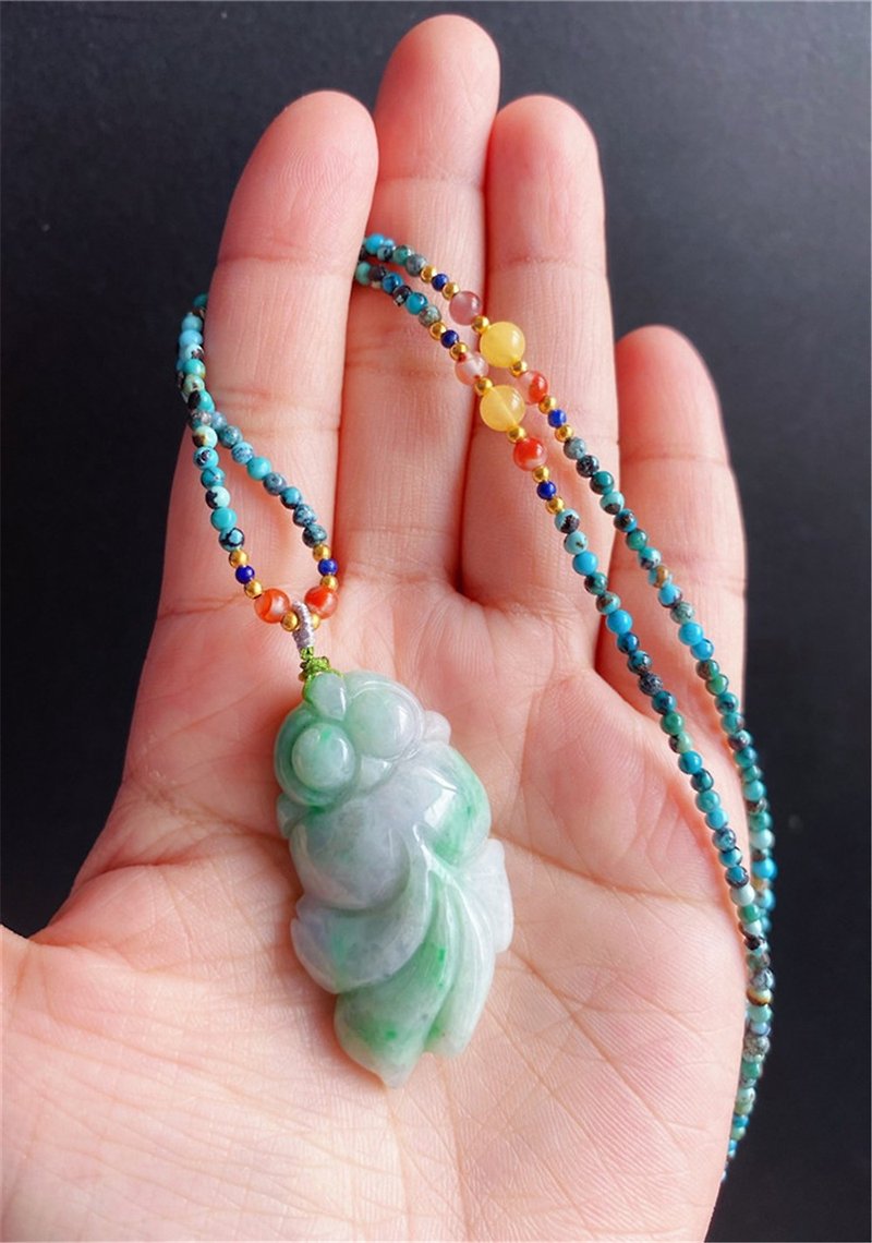 [Sold] Burmese Jade Fish Belt Yang Turquoise Wax Necklace Wealth and Fortune - Necklaces - Jade Green