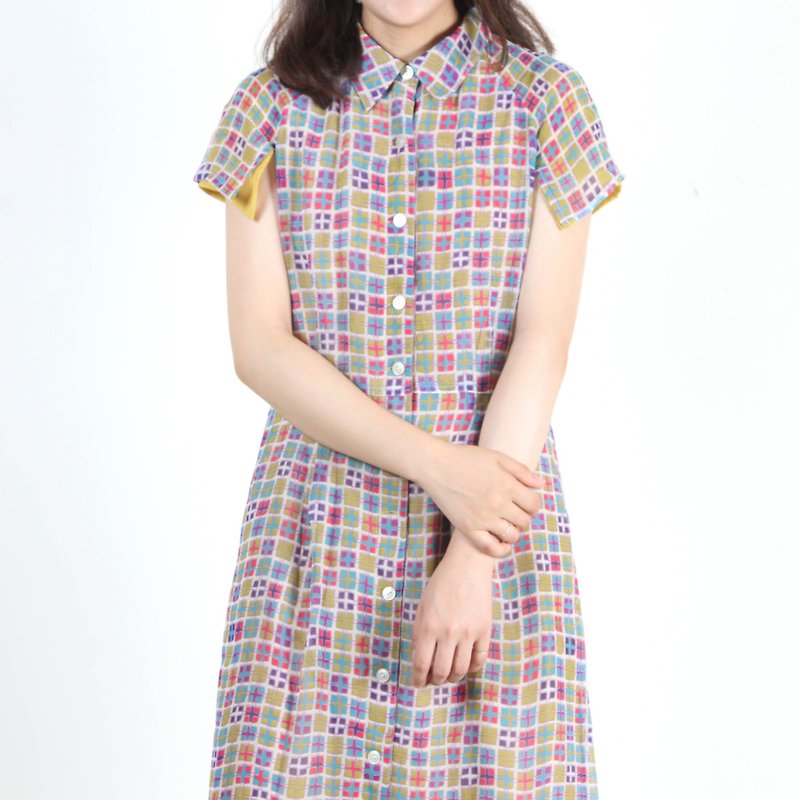 (Egg plants vintage) color brick square printing short-sleeved vintage dress - One Piece Dresses - Polyester 