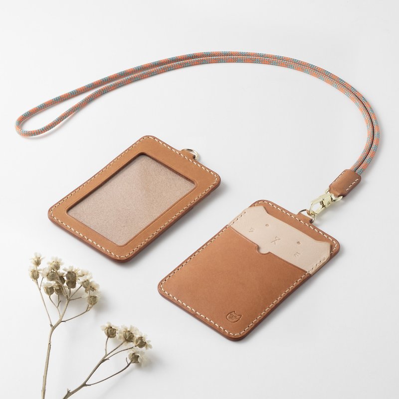 Leather ID holder - Cat Friend Series [Mimi] - Original design - Fully handmade vegetable tanned leather - ID & Badge Holders - Genuine Leather Orange