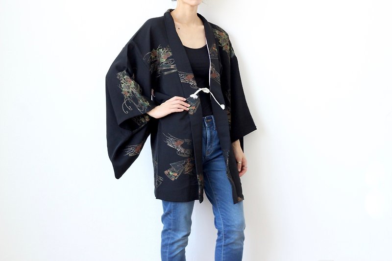 black glitter kimono, Haori black /4248 - เสื้อแจ็คเก็ต - ผ้าไหม สีดำ