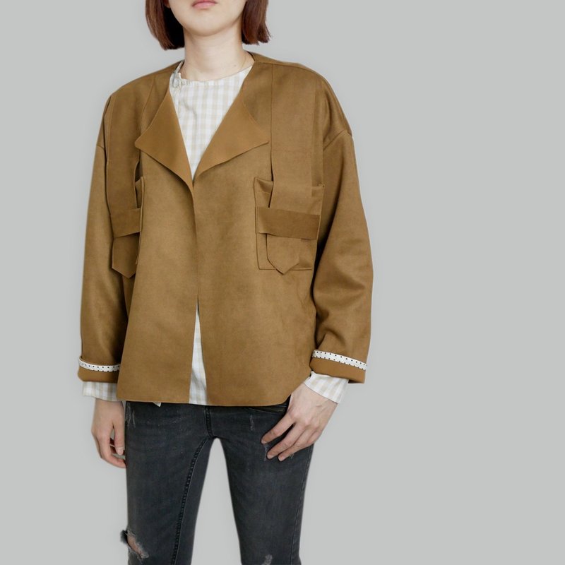 咖啡色仿麂皮短罩衫 - 女大衣/外套 - 聚酯纖維 咖啡色