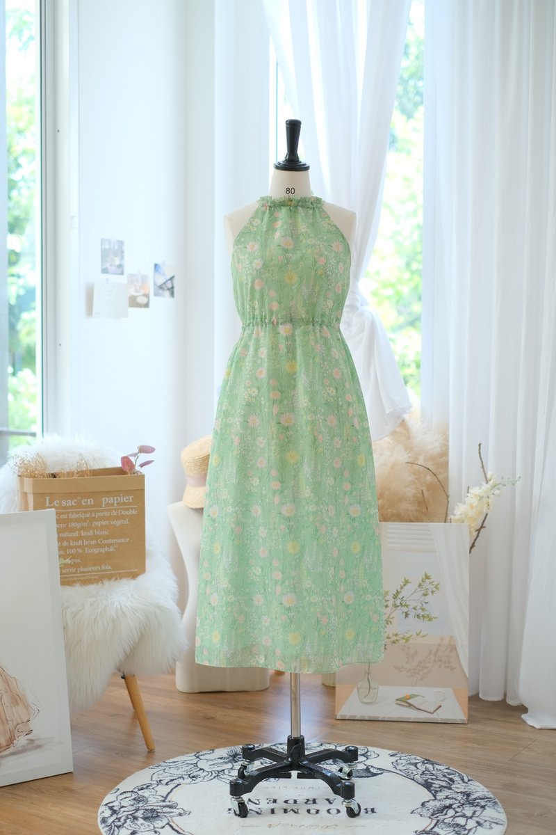 Green floral vintage sleeveless midi summer sundress bridesmaid vintage dress - 洋裝/連身裙 - 聚酯纖維 綠色