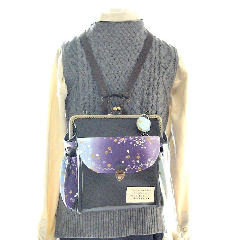 Back pocket & right zipper with Cross embroider  3 WAY backpack Japanese pattern - กระเป๋าเป้สะพายหลัง - หนังแท้ สีดำ