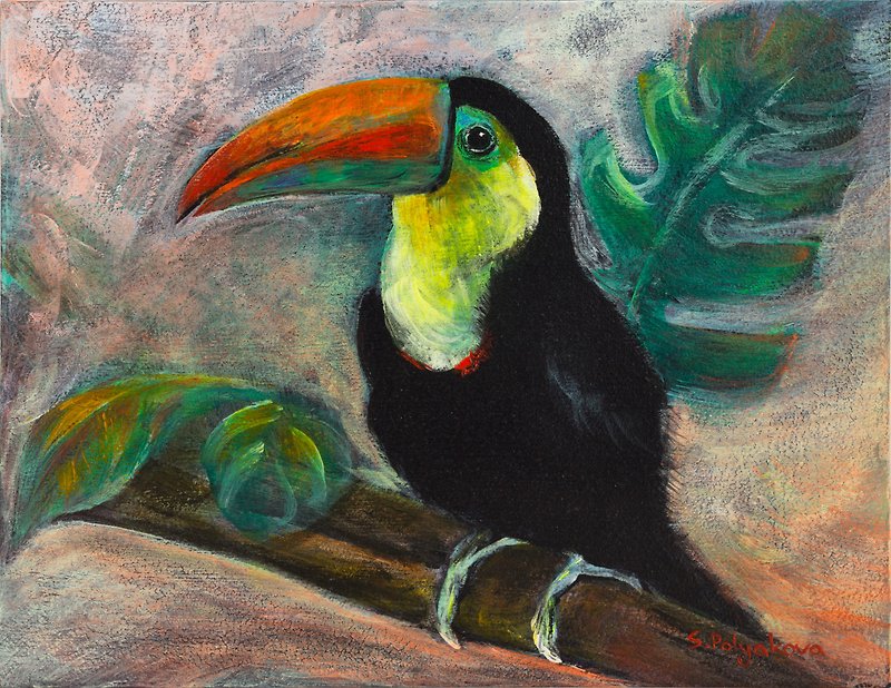 オオハシ 絵画鳥原画アクリル画 熱帯鳥作品 - ポスター・絵 - その他の素材 多色