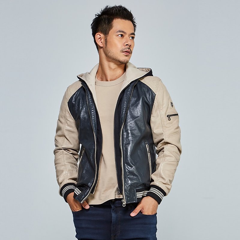 [Germany GIPSY] GM Cromobo Major League Contrast Color Stitching Leather Jacket with Hood - Men's Coats & Jackets - Genuine Leather Khaki