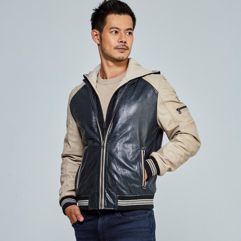 [Germany GIPSY] GM Cromobo Major League Contrast Color Stitching Leather Jacket with Hood - Men's Coats & Jackets - Genuine Leather Khaki