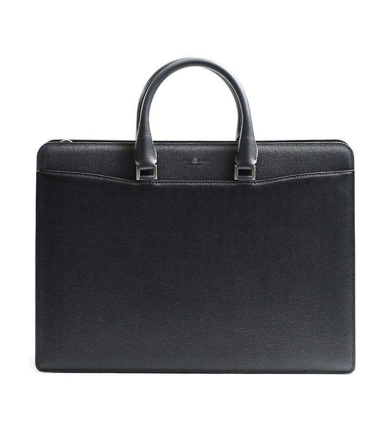 Diamant Japanese Leather Upside-down Fuji B4 Zipper Shoulder Briefcase-Black x Dark Blue - กระเป๋าเอกสาร - หนังแท้ สีดำ