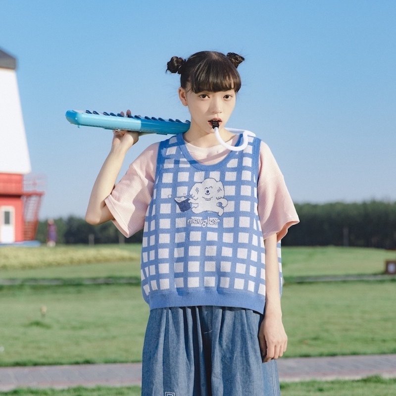 Meugler Niu Chou Island*Oli Frog Forest Band Blue Plaid Dog Icy Knitted Hurdle Vest - Women's Vests - Cotton & Hemp Blue