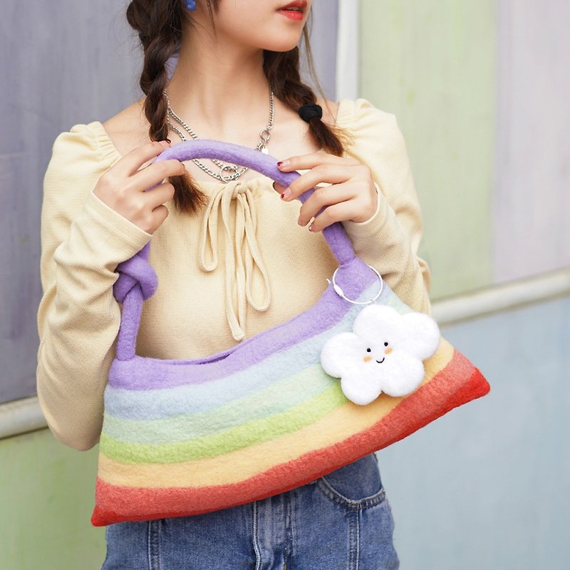 Ke man-made wool felt rainbow bag diagonal portable striped female bag ins style gift fashion Japanese girl bag