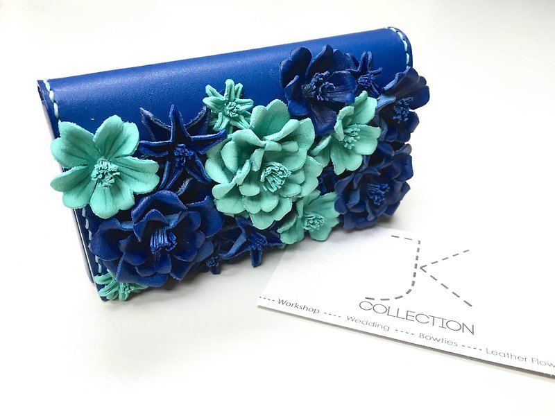 Version gorgeous color blue leather box cherry Card - แฟ้ม - หนังแท้ สีน้ำเงิน