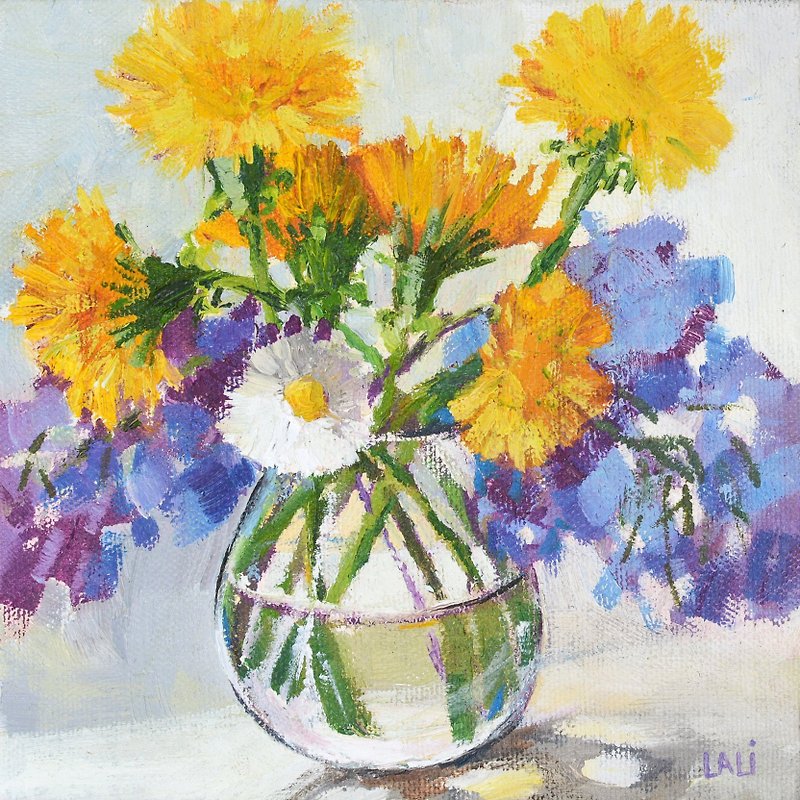 Original Oil Painting on Canvas Panel 15x15cm Yellow Flowers Lilac Still Life - Wall Décor - Other Materials Yellow