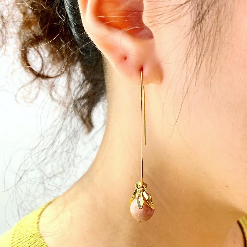 Copper hand made _ big ear hook powder orange jade _ copper earrings _ free modification clip earrings - Earrings & Clip-ons - Jade Pink