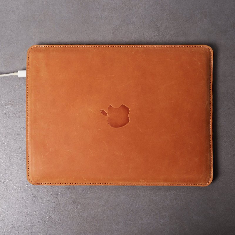 皮革 MacBook 袖套 帶有毛氈襯裡和蘋果標誌 - 平板/電腦保護殼/保護貼 - 真皮 黑色