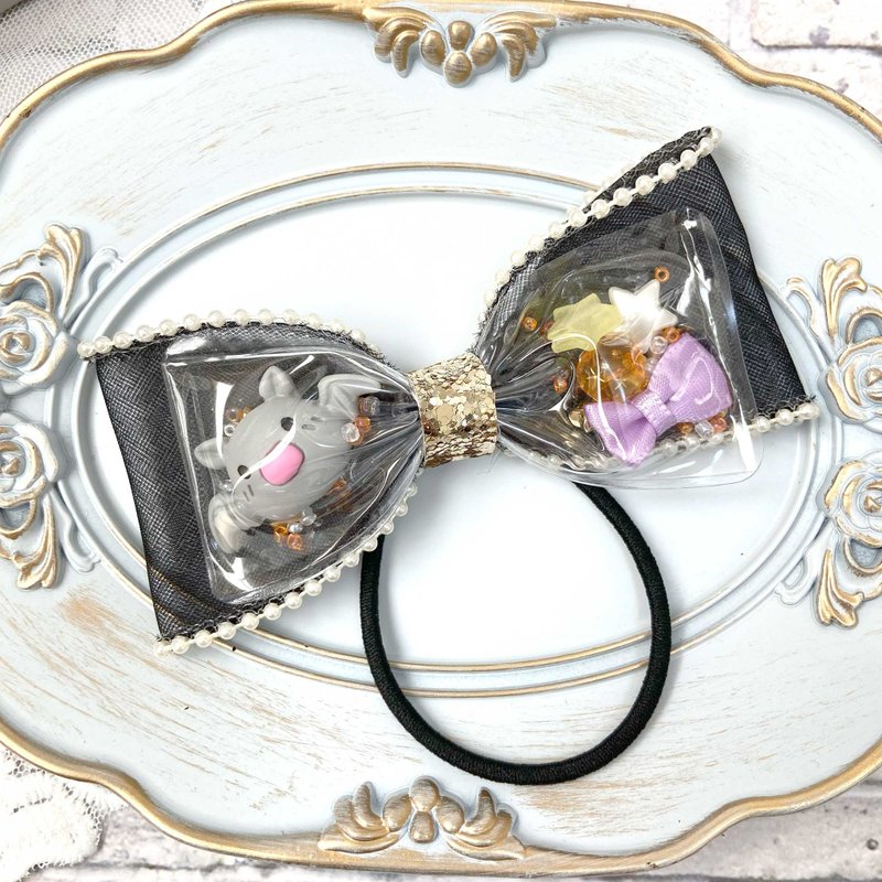 Clear tulle ribbon bat black pearl hair tie - Hair Accessories - Other Materials Black