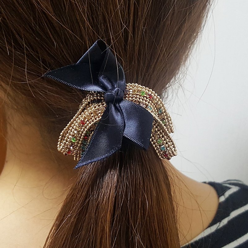 Black ribbon rhinestone ponytail holder - Hair Accessories - Polyester Black