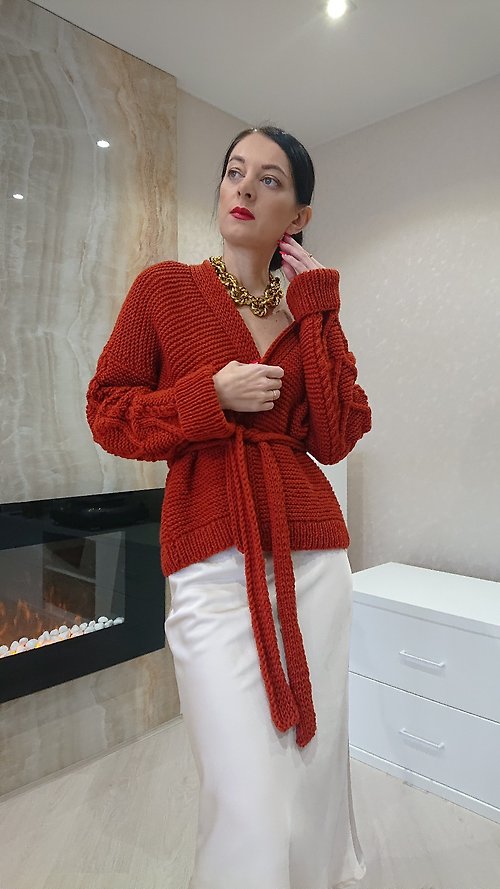 Scarlet Sails Shop Cable sleeve handmade cardigan for women Autumn orange hand knit sweater jacket