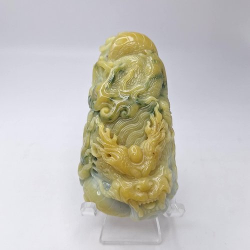 緣圓翡翠 天然黃翡飄花精工霸氣龍牌 | 天然緬甸玉A貨翡翠