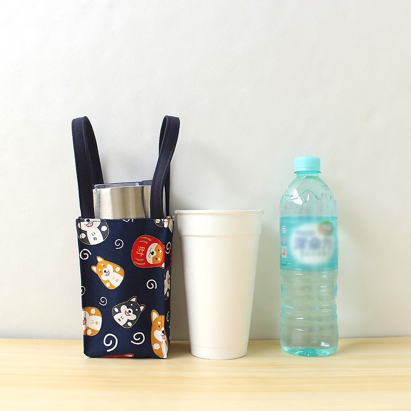 不倒翁柴犬-藍款飲料提袋(大) 環保杯袋 冰霸杯袋 - 杯袋/飲料提袋 - 棉．麻 藍色