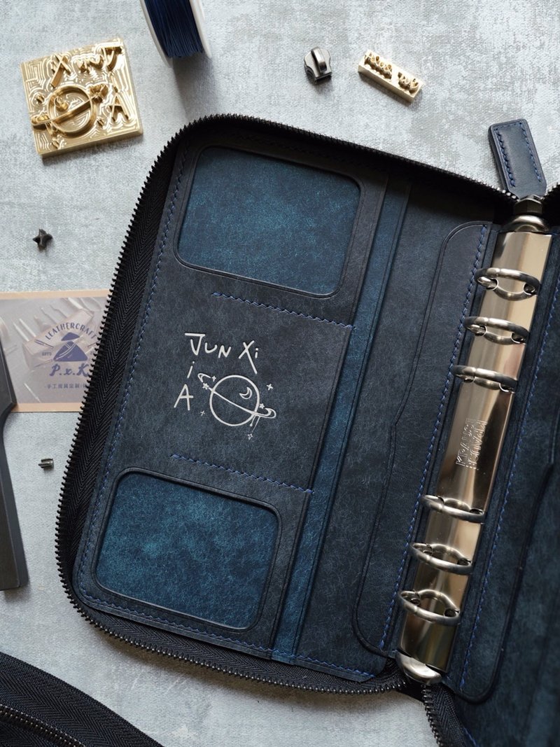 A6拉鍊活頁本手帳記事本筆記本皮套 純手工牛皮 客製化刻字禮物 - 筆記本/手帳 - 真皮 藍色