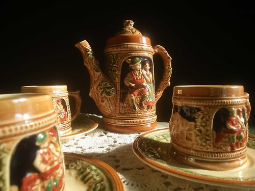 老時光OLD-TIME Vintage & Classic & Deco 【老時光 OLD-TIME】早期日本製陶瓷浮雕咖啡茶具組