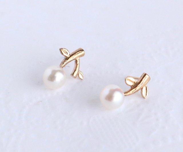 Twig earrings Akoya pearl and K10YG K18, WG, Silver, etc. - Shop