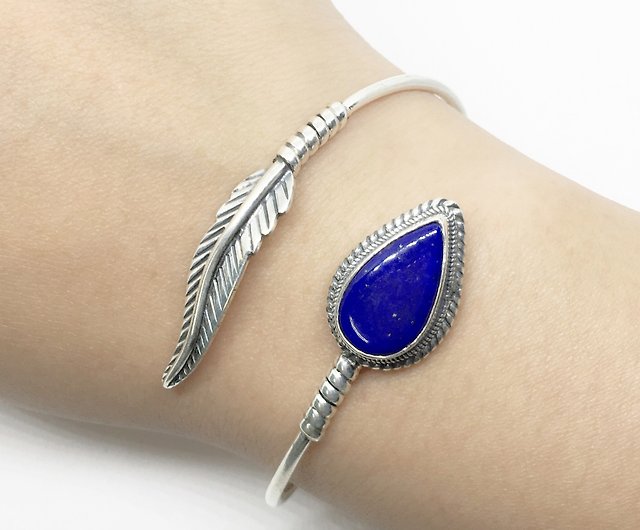 Darkened Silver Stainless Steel 6mm Blue Lapis Lazuli Stretch Bead Bra   Inox Jewelry India