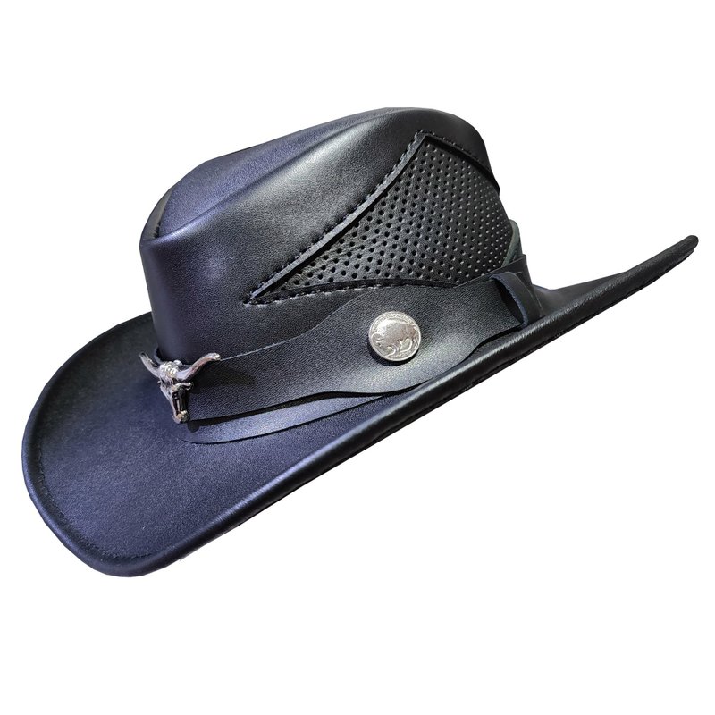 Long Horned Bull Concho Outback Western Leather Hat - 帽子 - 真皮 黑色