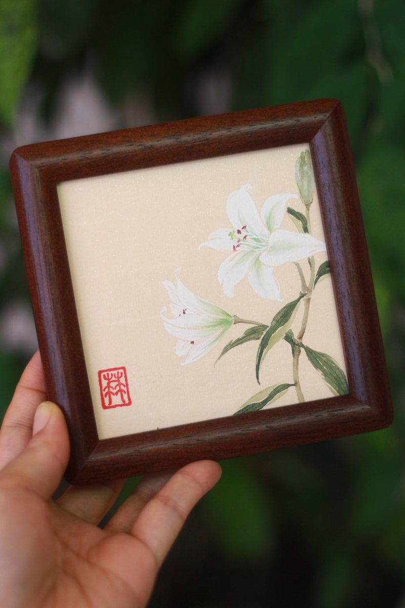 百合沒骨手繪 | 國畫原作孤品 | 4寸中式擺台 | 實木畫框 - 相框/畫框 - 紙 白色