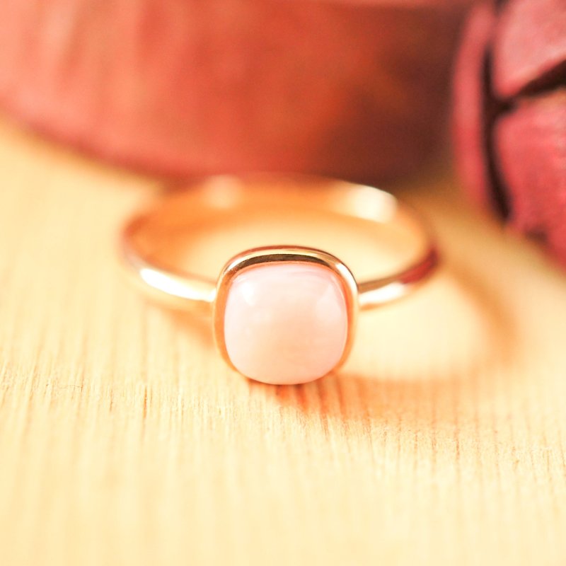 6mm 枕形卜面粉紅蛋白石純銀電18K 玫瑰金戒指 - 戒指 - 寶石 粉紅色
