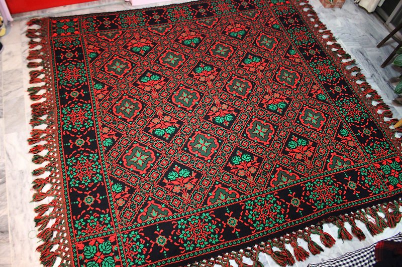 [Fairy Farm Factory antique shop] Italy brought back vintage black red green high woolen woven rug (made in Italy) - Other - Cotton & Hemp Black
