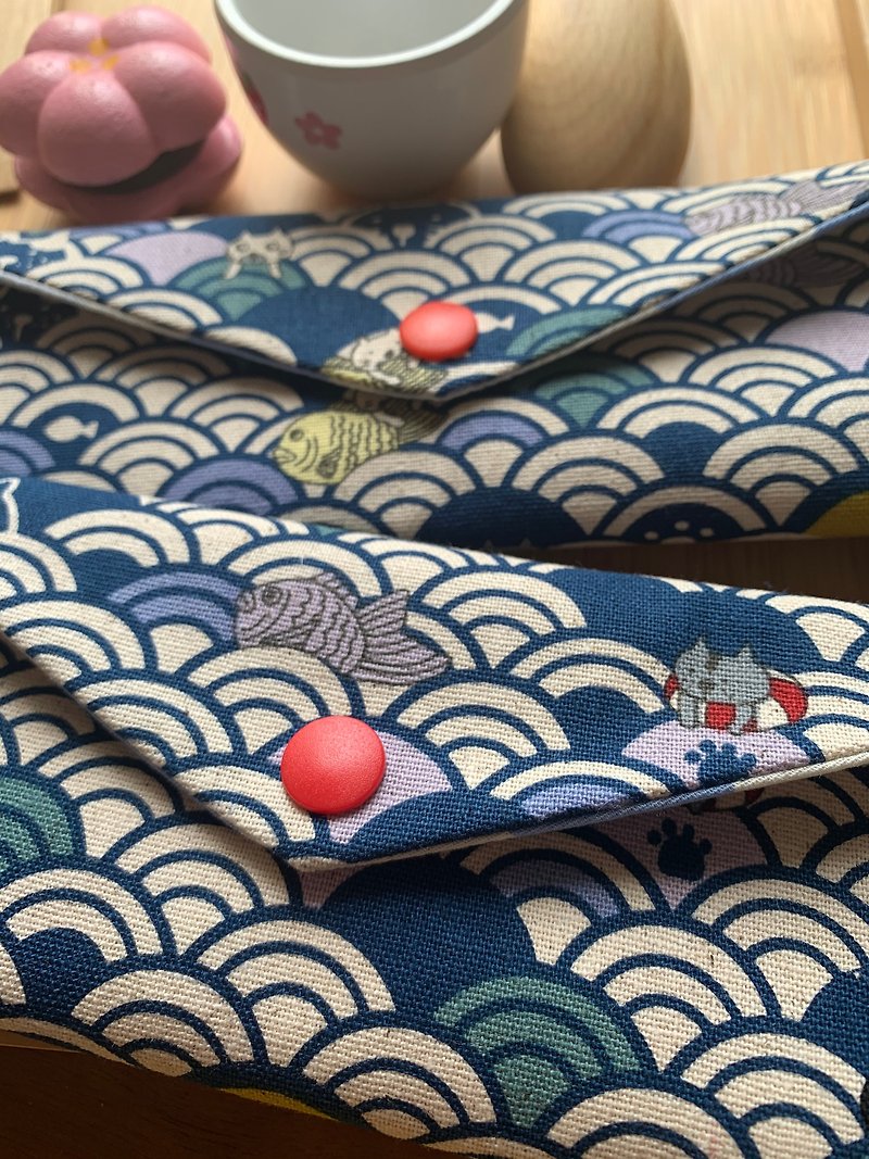 Wen Qingfeng environmentally friendly chopsticks bag ring pink small cat is looking blue hand-made tableware bag. Exchange gifts. - Storage - Cotton & Hemp Blue
