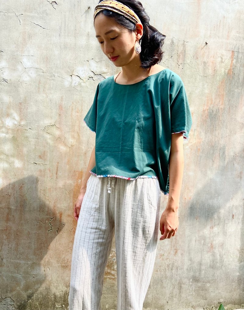 Pure cotton square shirt with Indian hand-stamped short blouse- Teal - Women's Tops - Cotton & Hemp Green