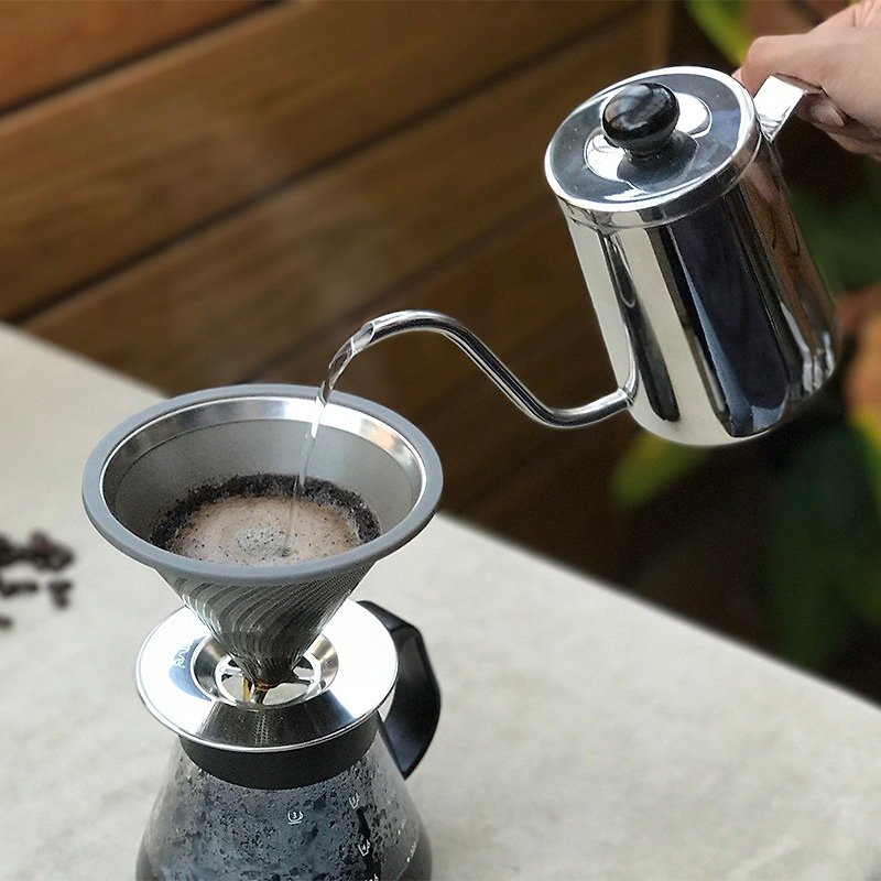 Driver NEW thin-necked pot 550ml-with water line (with Driver 1-2cup Stainless Steel filter paper) - อื่นๆ - โลหะ สีเทา