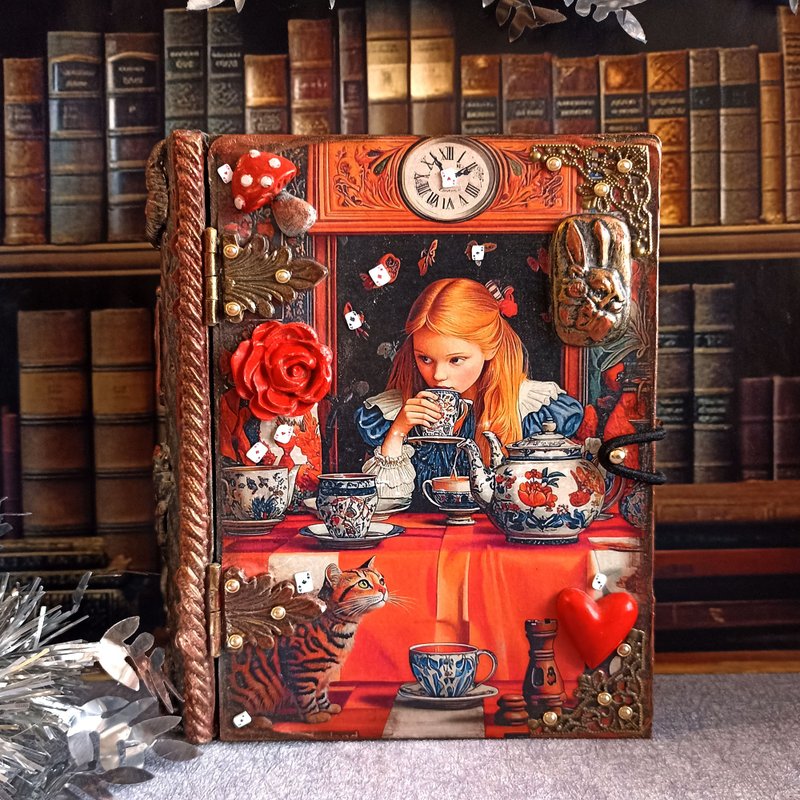 愛麗絲夢遊仙境珠寶盒、塔羅牌盒、瘋帽客盒、白兔、 - 居家收納/收納盒/儲物盒 - 木頭 紅色