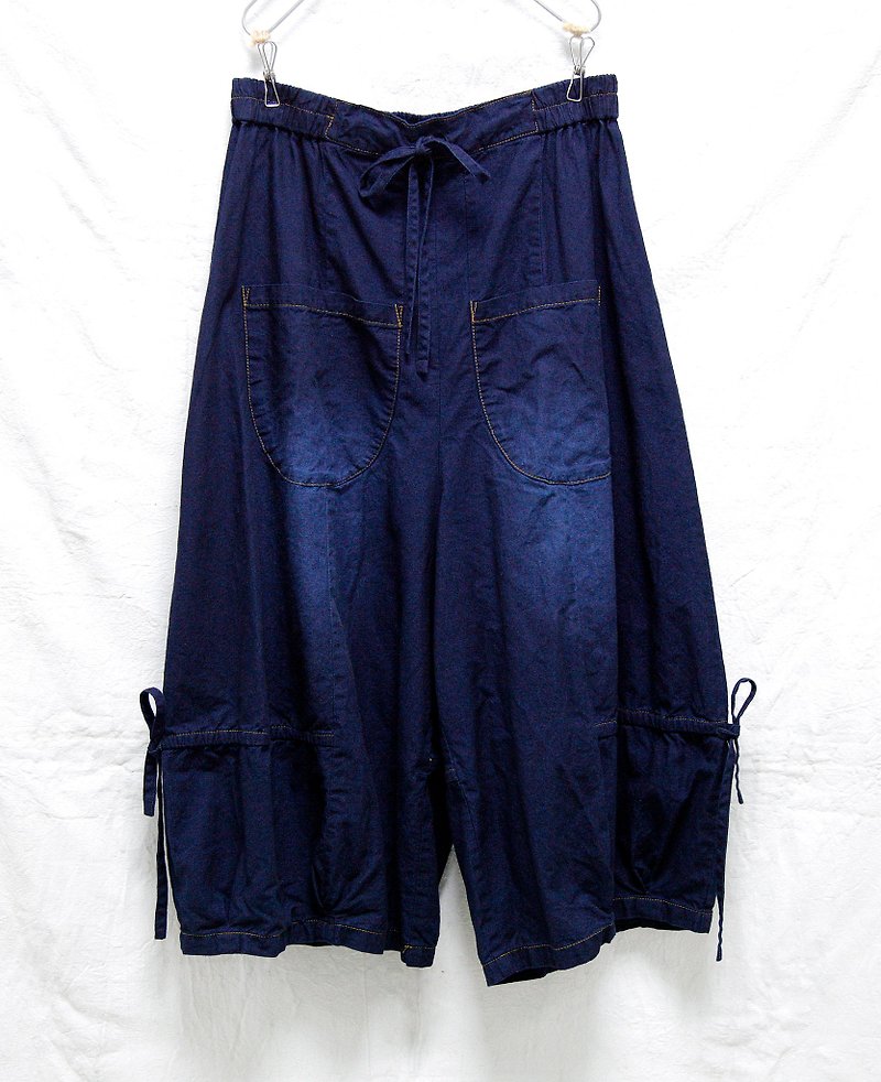 Sea _ moonlight sea big pocket drawstring tied bandwidth pants - Women's Pants - Cotton & Hemp Blue