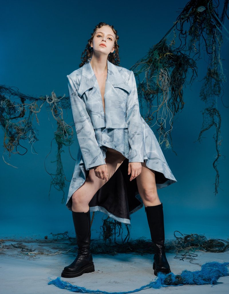 長版西裝外套/燕尾服/環保材質/海洋印花/23AW-INF - 女大衣/外套 - 聚酯纖維 多色