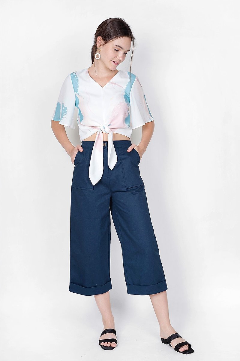 afterjuly daffodils系列 原創設計寬鬆九分裤 - 藍色 - 闊腳褲/長褲 - 棉．麻 藍色