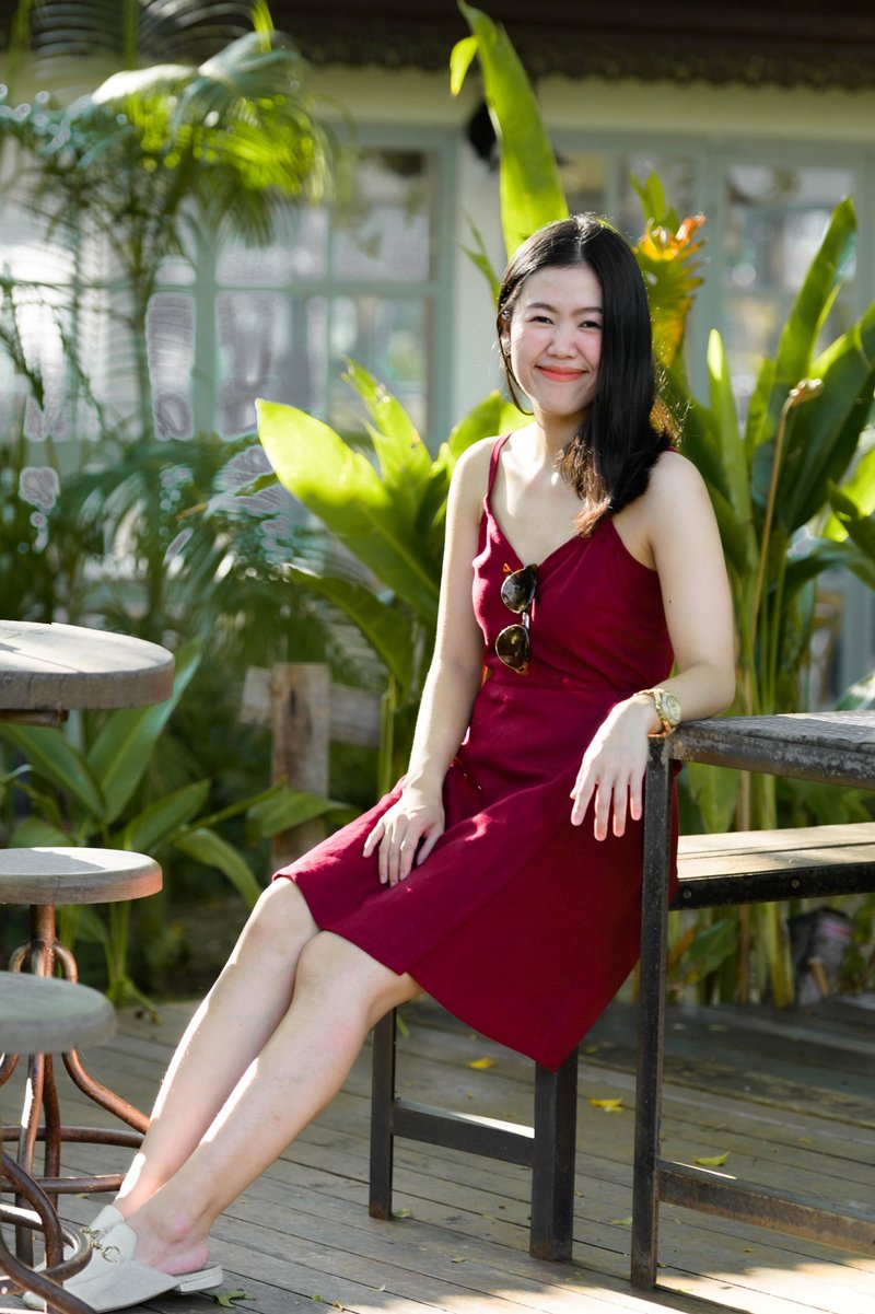 Hemp Wrap Dress - Red - 洋裝/連身裙 - 其他材質 紅色