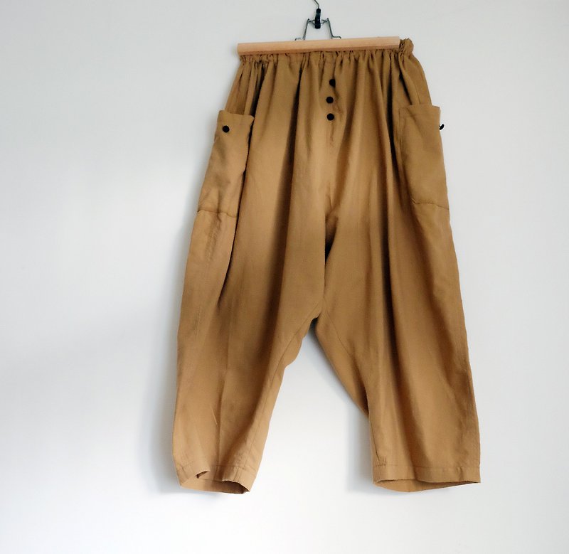 Khaki voluptuous elastic eighty-nine quarter wide pants - กางเกงขายาว - ผ้าฝ้าย/ผ้าลินิน สีกากี