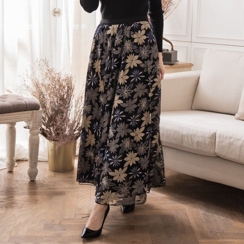 復古風繡花赫本紗裙    深藍 - 裙子/長裙 - 聚酯纖維 藍色