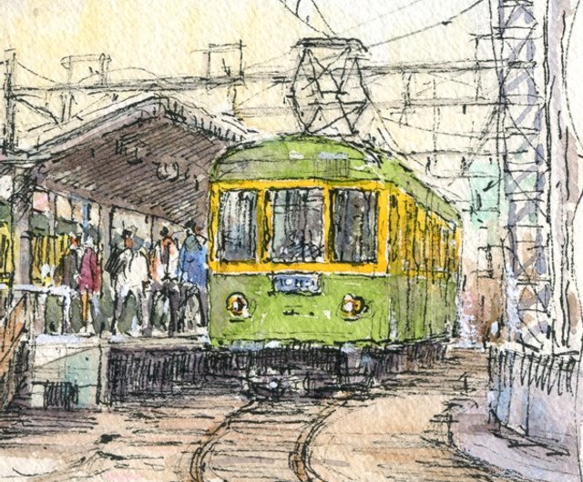 水彩画　ジクレー版画「西鉄電車とコスモス」（久留米市） 昭和レトロで～Nostalgic（長崎路面電車） | すい・さい・いろ