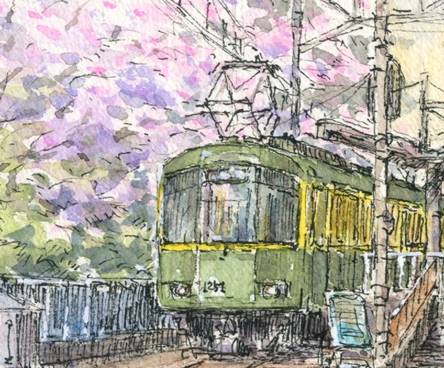 水彩画 桜と電車 - ショップ 松下勝明 ポスター・絵 - Pinkoi