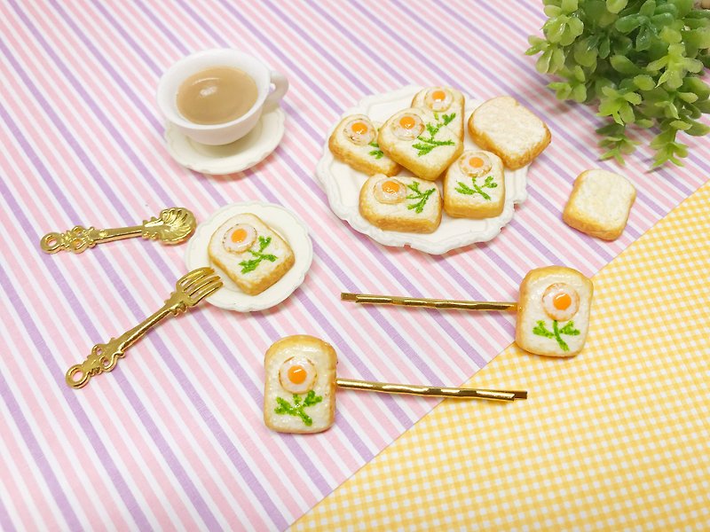 Fakefood, Sunny-side up, Flower toast, Bread, Hair clip. - Hair Accessories - Resin Multicolor